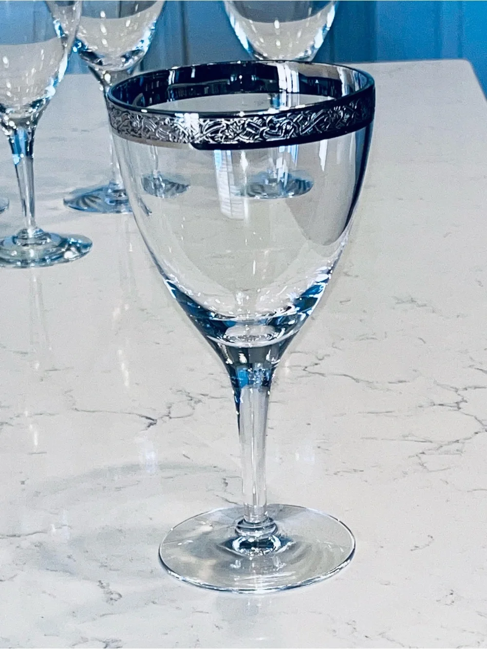 Vintage 1960’s Fostoria Mantilla Platinum Rims wine water glasses set of 5